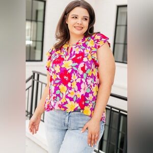 Floral Ruffle Sleeve Blouse in Pink and Yellow
